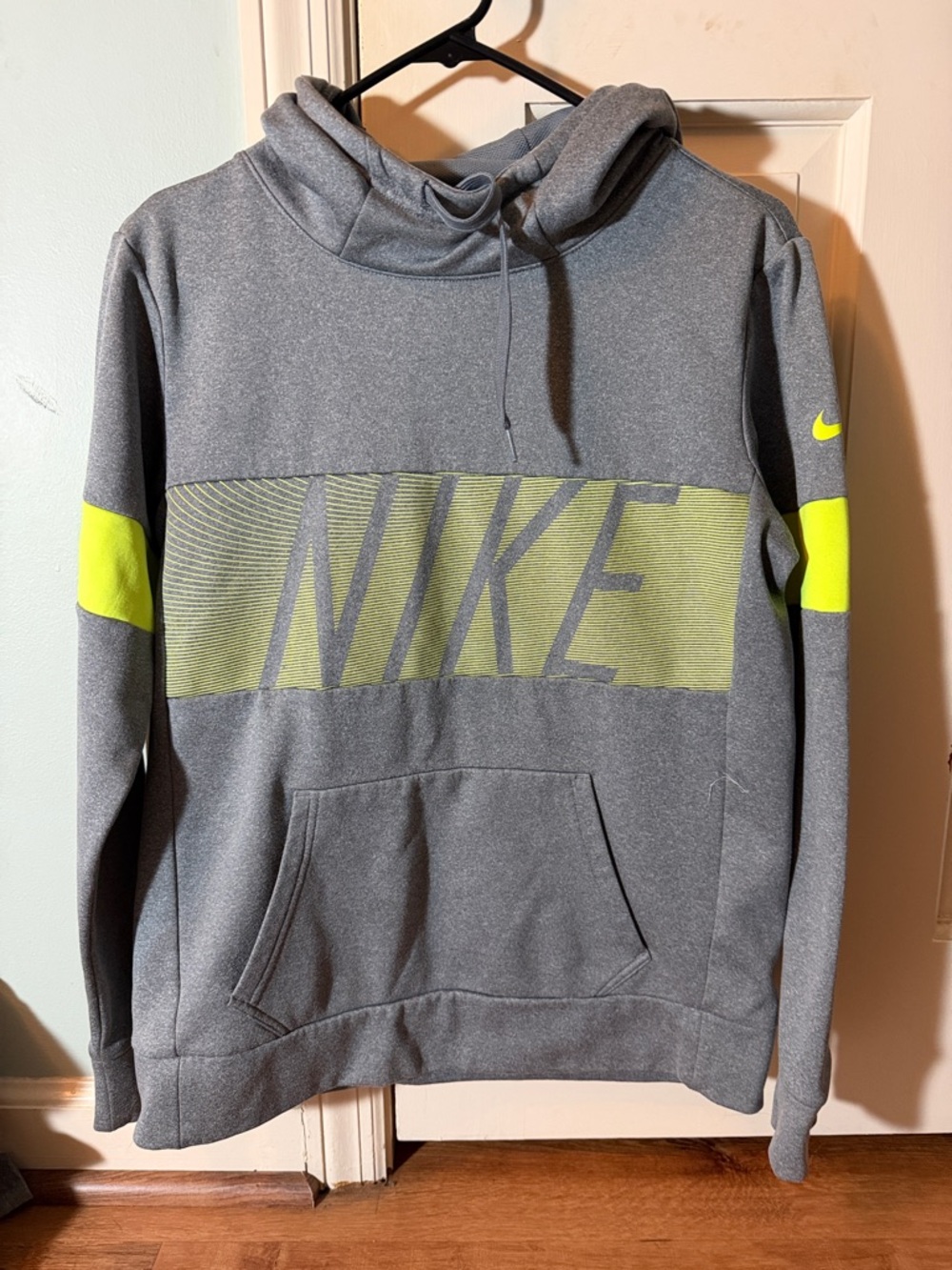Nike Gray Hoodie with Neon Yellow Logo Panels men’s size small